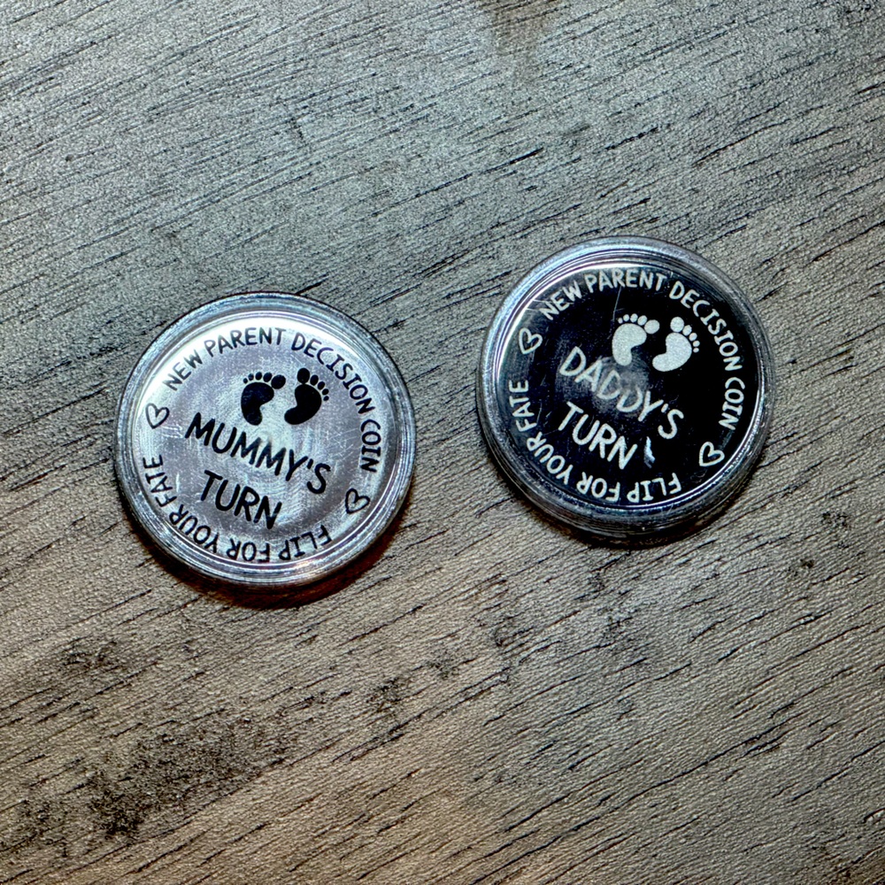 Free w/ purchase - Mom’s / dad’s turn coin flip decision making gag gift NWT